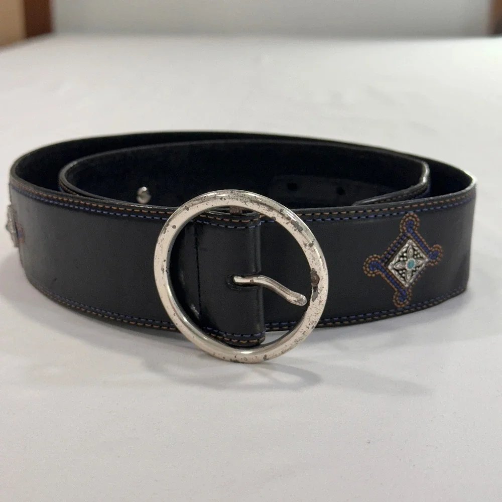 Brighton Embroidered Leather Western Belt‎ Womens 34 Black Silver Buckle | Boho